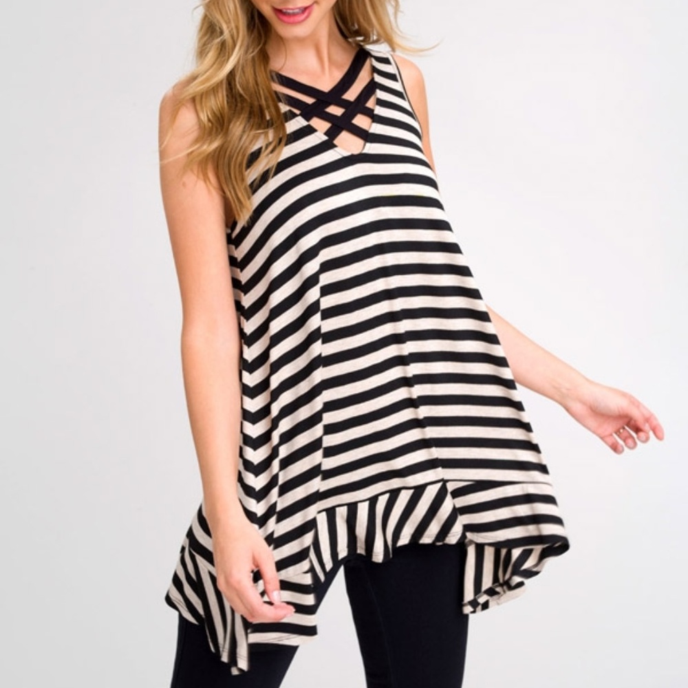 Black Striped Ruffle Hem Tunic Tank - Picture 3 of 5